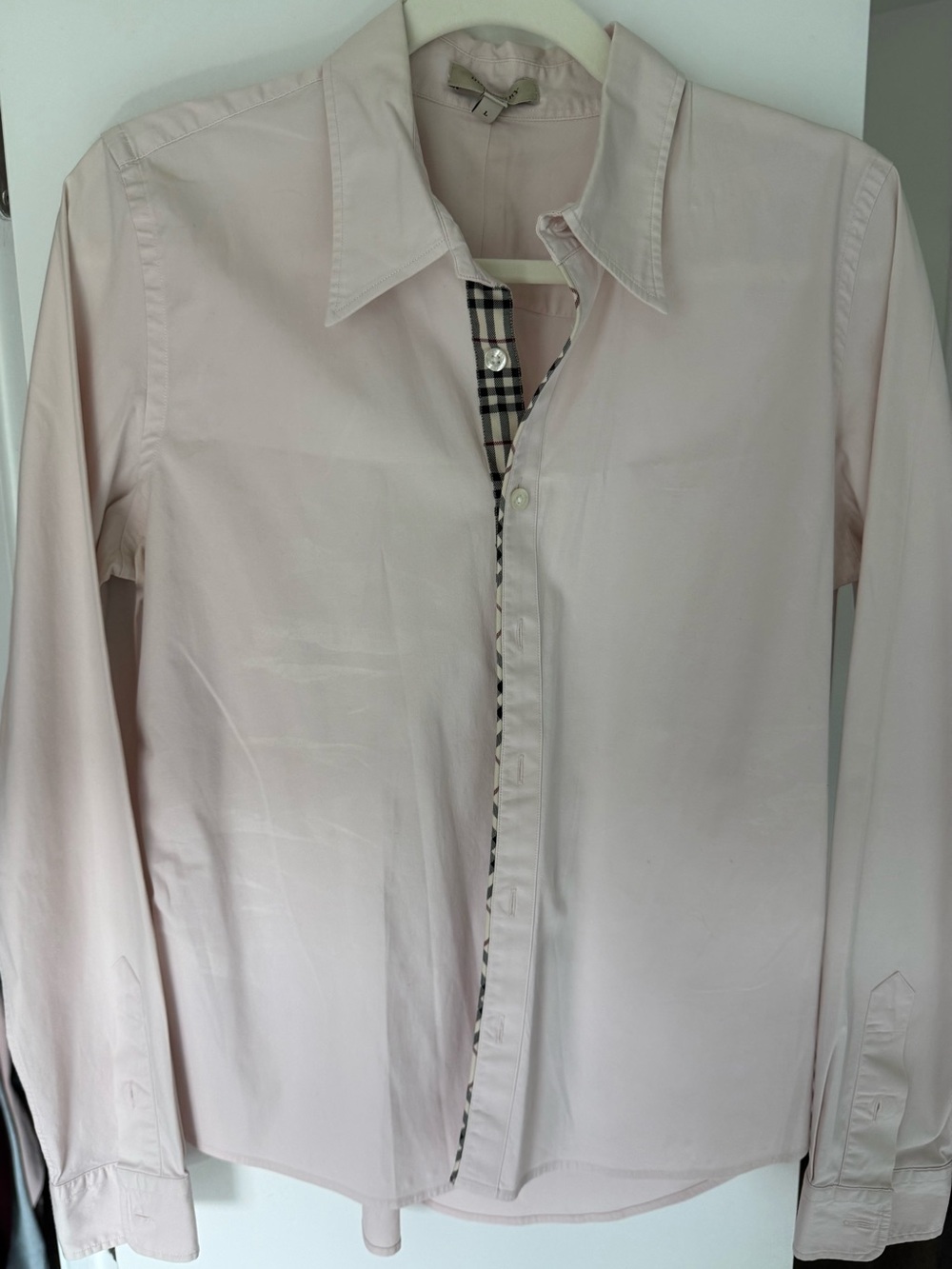 Authentic Burberry Pale Pink Button-Down Shirt with Check Placket